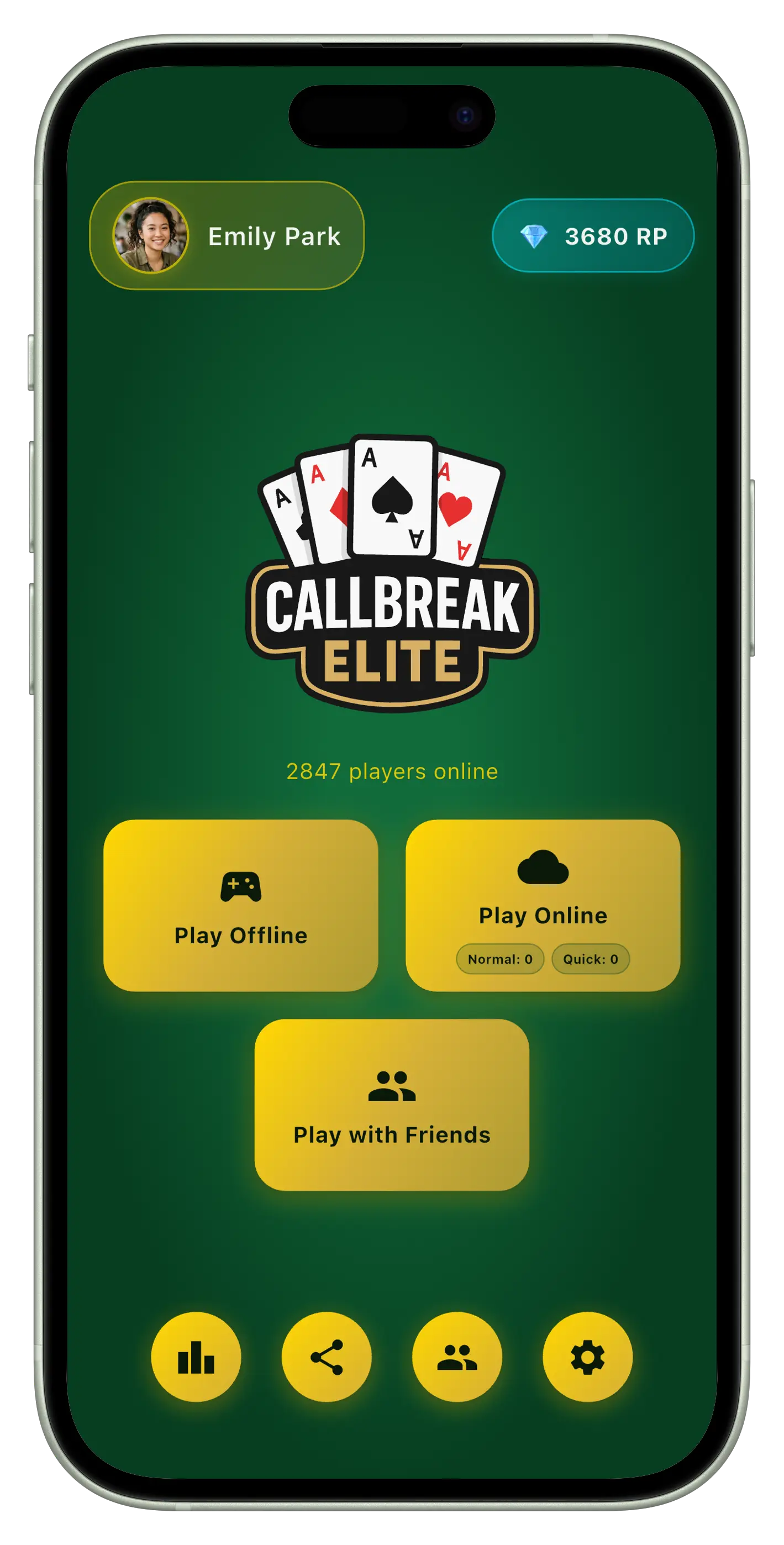 Callbreak Elite home screen with Play Offline, Play Online and Play with Friends